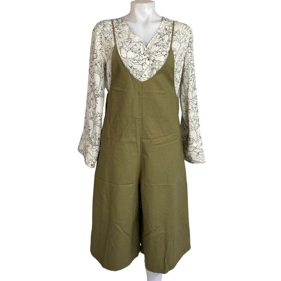 Mod Ref Sage Green Linen Jumpsuit Crop Wide Leg Overalls Womens Relaxed Fit - Picture 1 of 11